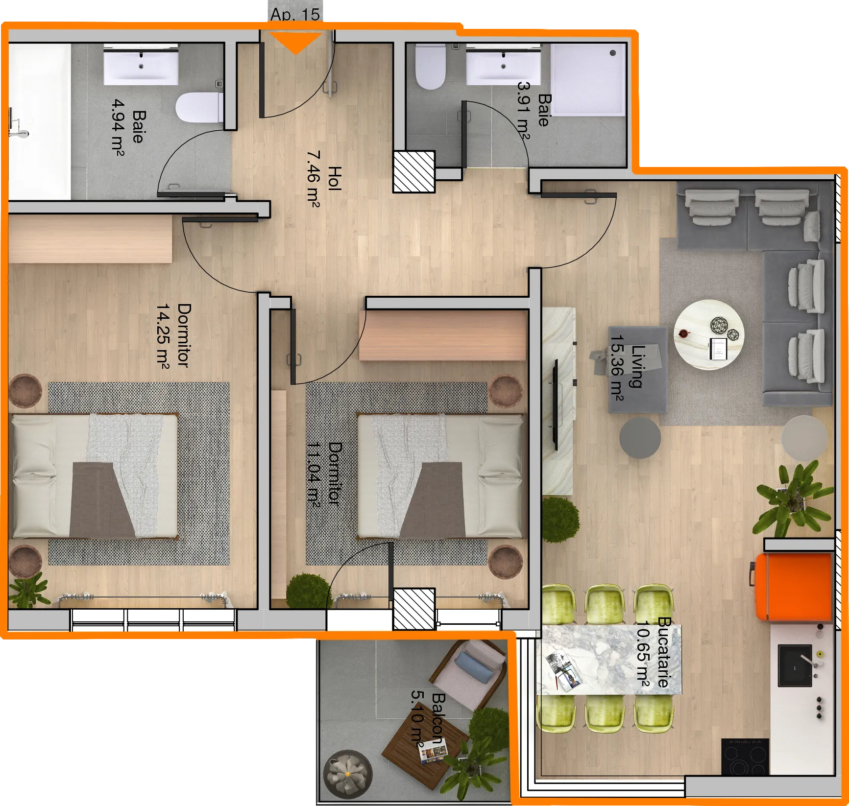 Apartament etaj 3 camere Tip B